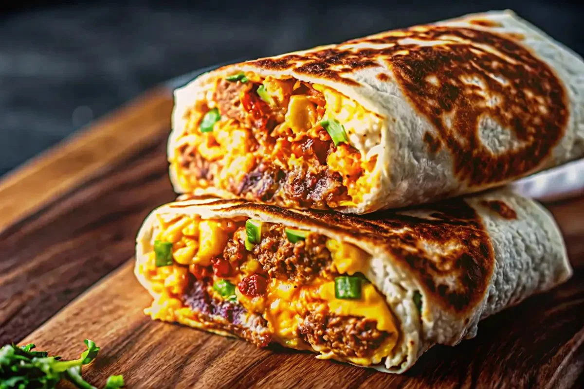Loaded breakfast burritos with eggs, cheese, and veggies served on a plate