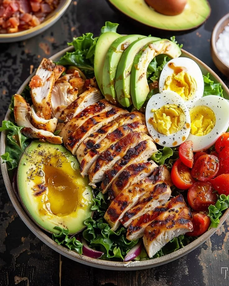 Paleo Grilled Chicken Cobb Salad with Honey Dijon Dressing on a plate