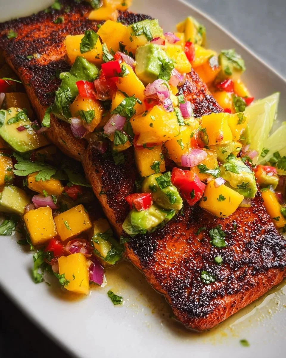 Grilled salmon topped with vibrant mango salsa on a white plate