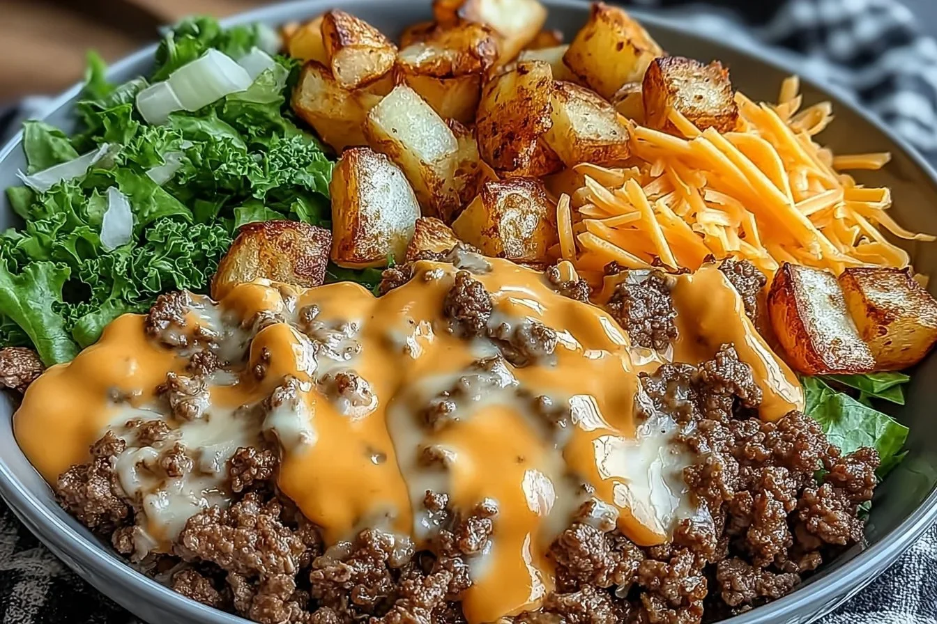 Delicious Smash Burger Bowl topped with fresh ingredients and savory sauces.