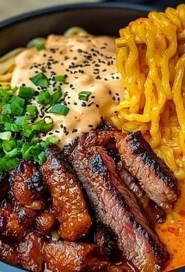 Spicy Korean ramen with grilled beef and creamy sauce in a bowl