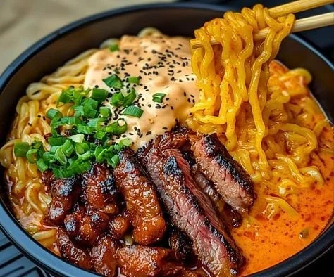 Spicy Korean ramen with grilled beef and creamy sauce in a bowl