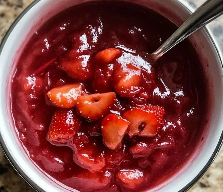 Homemade strawberry rhubarb sauce in a jar with fresh strawberries and rhubarb stalks