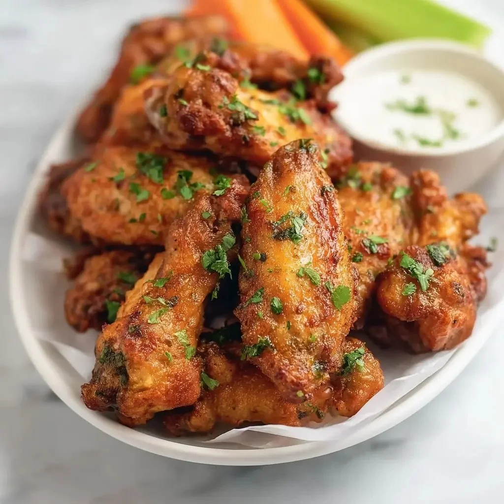 Crispy air fryer chicken wings garnished with herbs