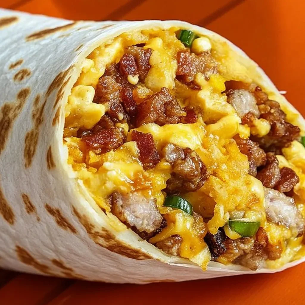 Ultimate breakfast burrito filled with bacon, sausage, and hash browns