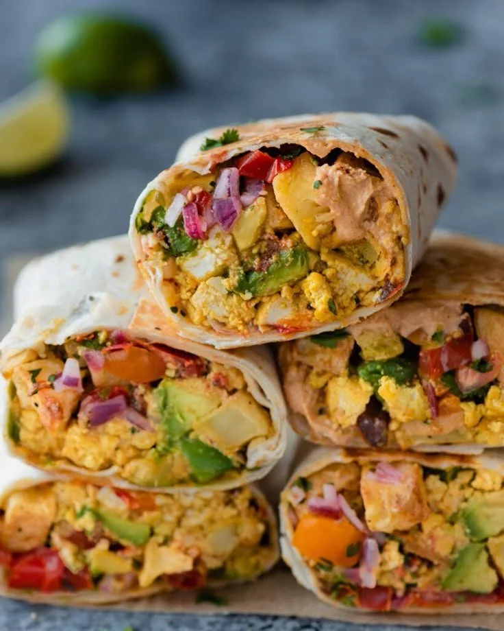 Delicious vegan breakfast burritos filled with fresh vegetables and spices