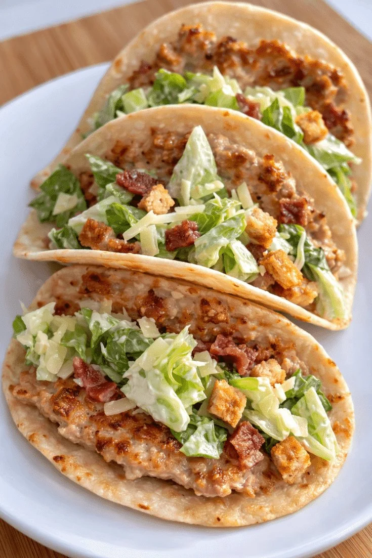 Delicious Chicken Caesar Smash Tacos served with fresh ingredients and Caesar dressing.