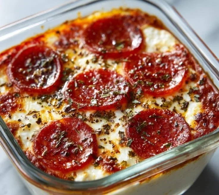 Delicious Cottage Cheese Pizza Bowl topped with fresh vegetables and cheese.