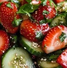 Cucumber strawberry salad with fresh ingredients in a bowl