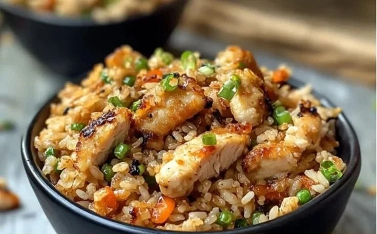 Serving of high protein crispy garlic chicken fried rice in a bowl