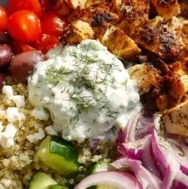 High Protein Mediterranean Chicken Bowls recipe served in a colorful dish