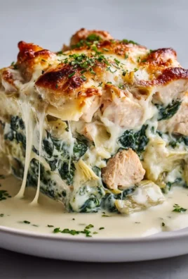 High protein spinach artichoke chicken casserole dish ready to serve.