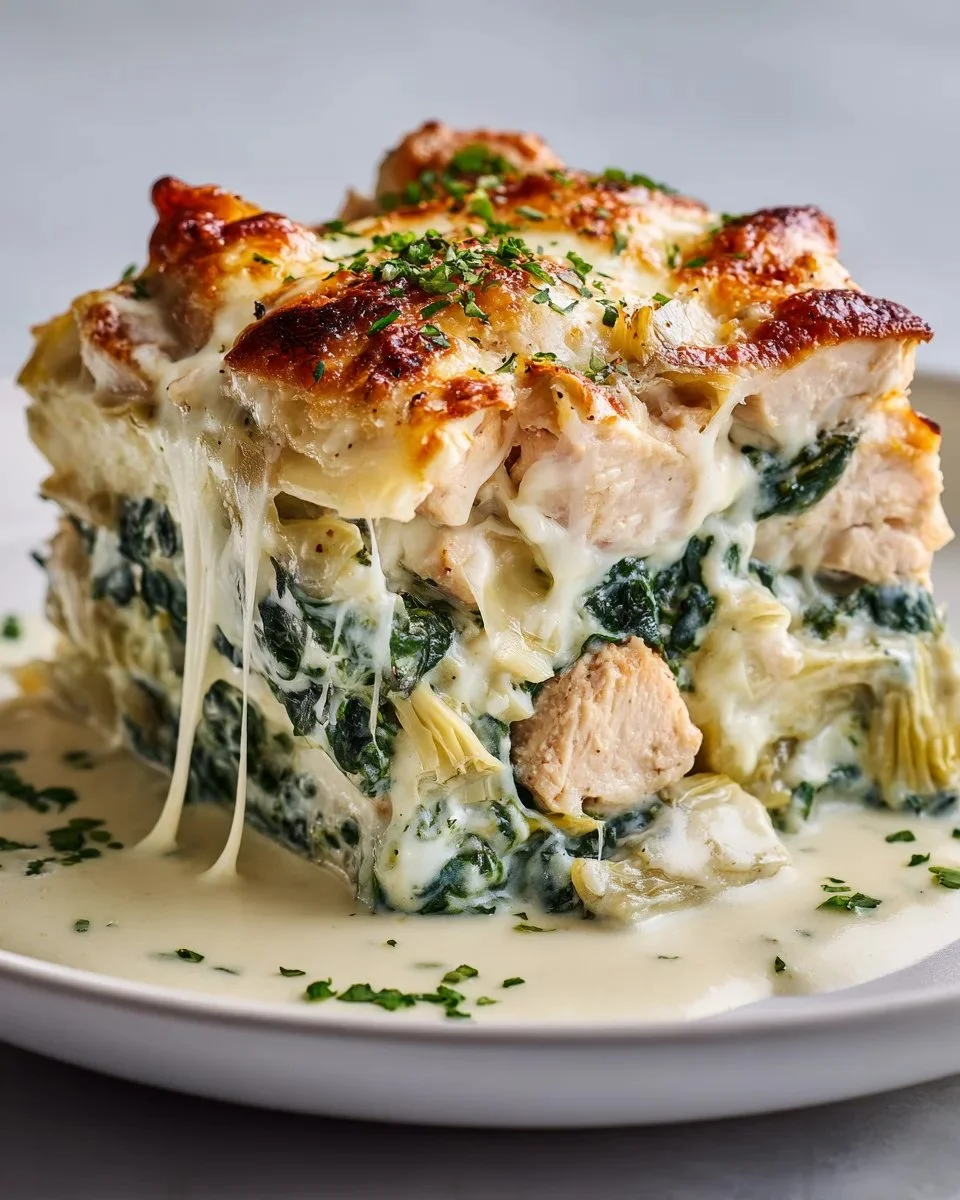 High protein spinach artichoke chicken casserole dish ready to serve.