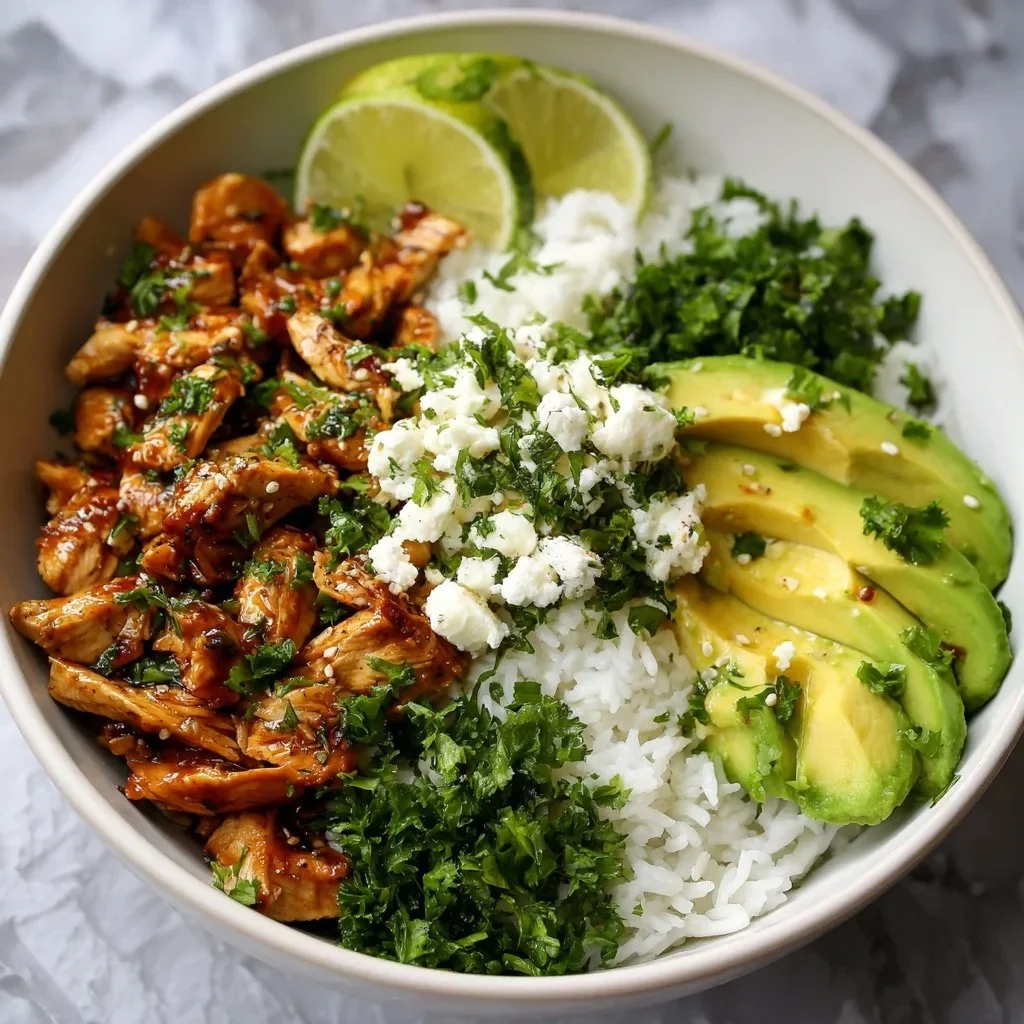 Honey Lime Chicken served in a healthy avocado rice bowl