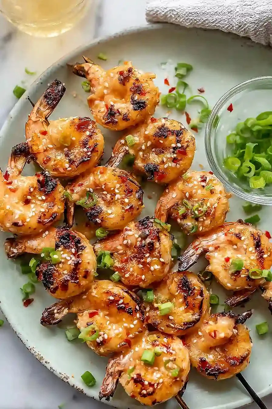 Juicy grilled Bang Bang Shrimp skewers served with zesty sauce.