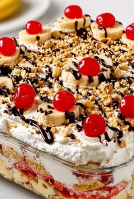 No-bake banana split dessert with layers of banana, ice cream, and toppings