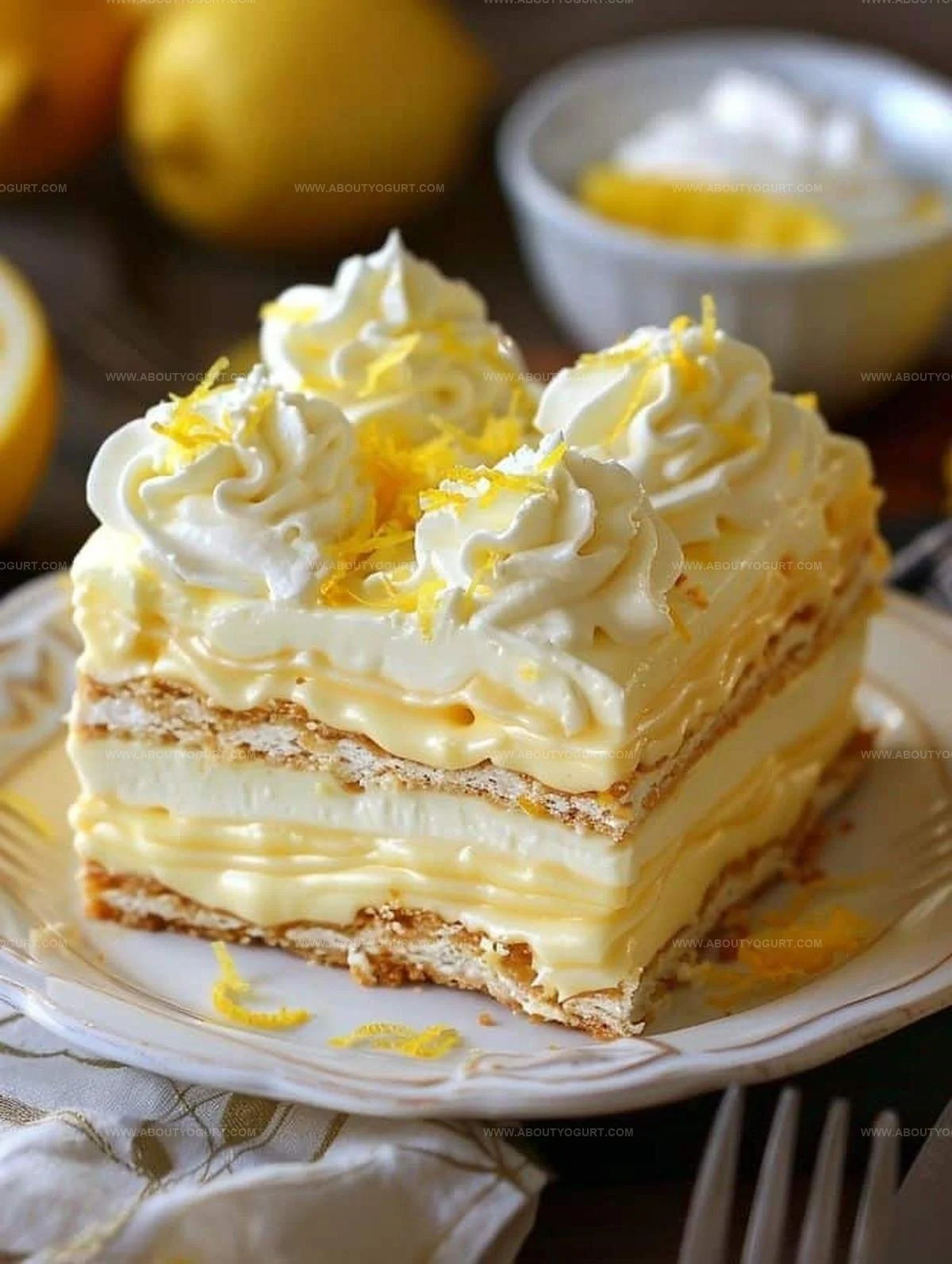 No-bake lemon eclair cake topped with lemon glaze and sliced lemons
