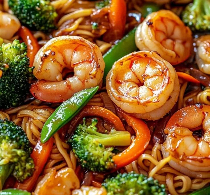 One-Pan Shrimp Stir Fry with Noodles in a colorful presentation