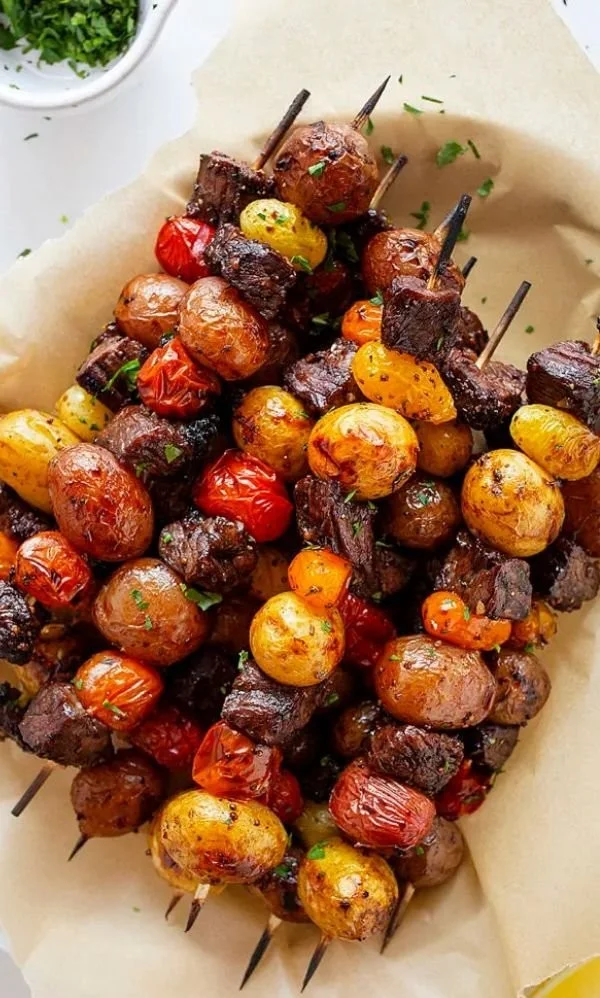 Delicious rosemary garlic steak kebabs grilled to perfection.