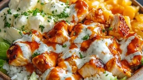 Buffalo Chicken Protein Bowl topped with fresh vegetables and sauce