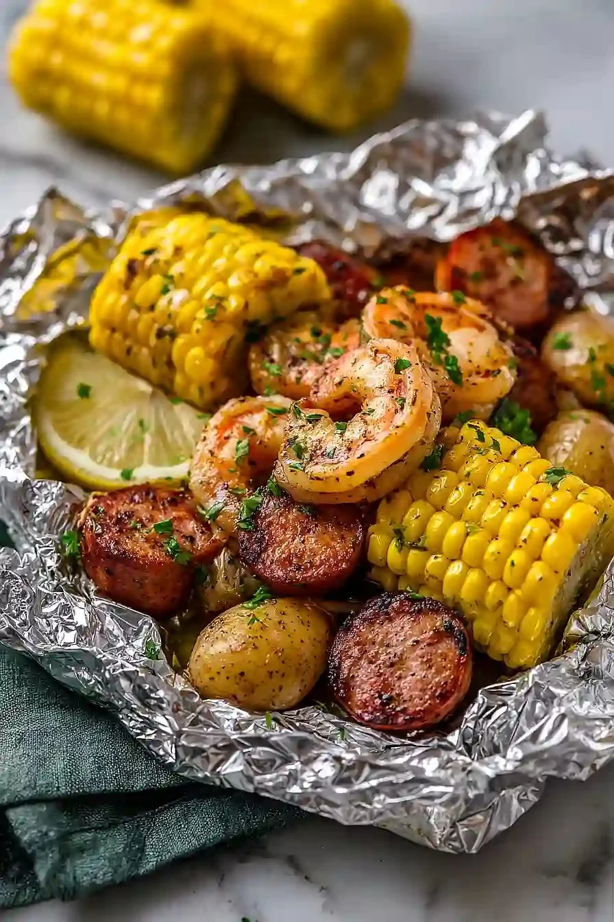 Delicious spicy grilled shrimp in foil served on a plate