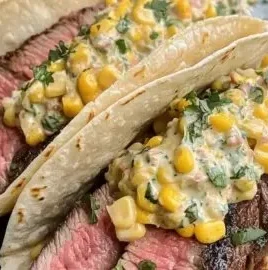 Delicious Steak Elote Tacos served with fresh toppings