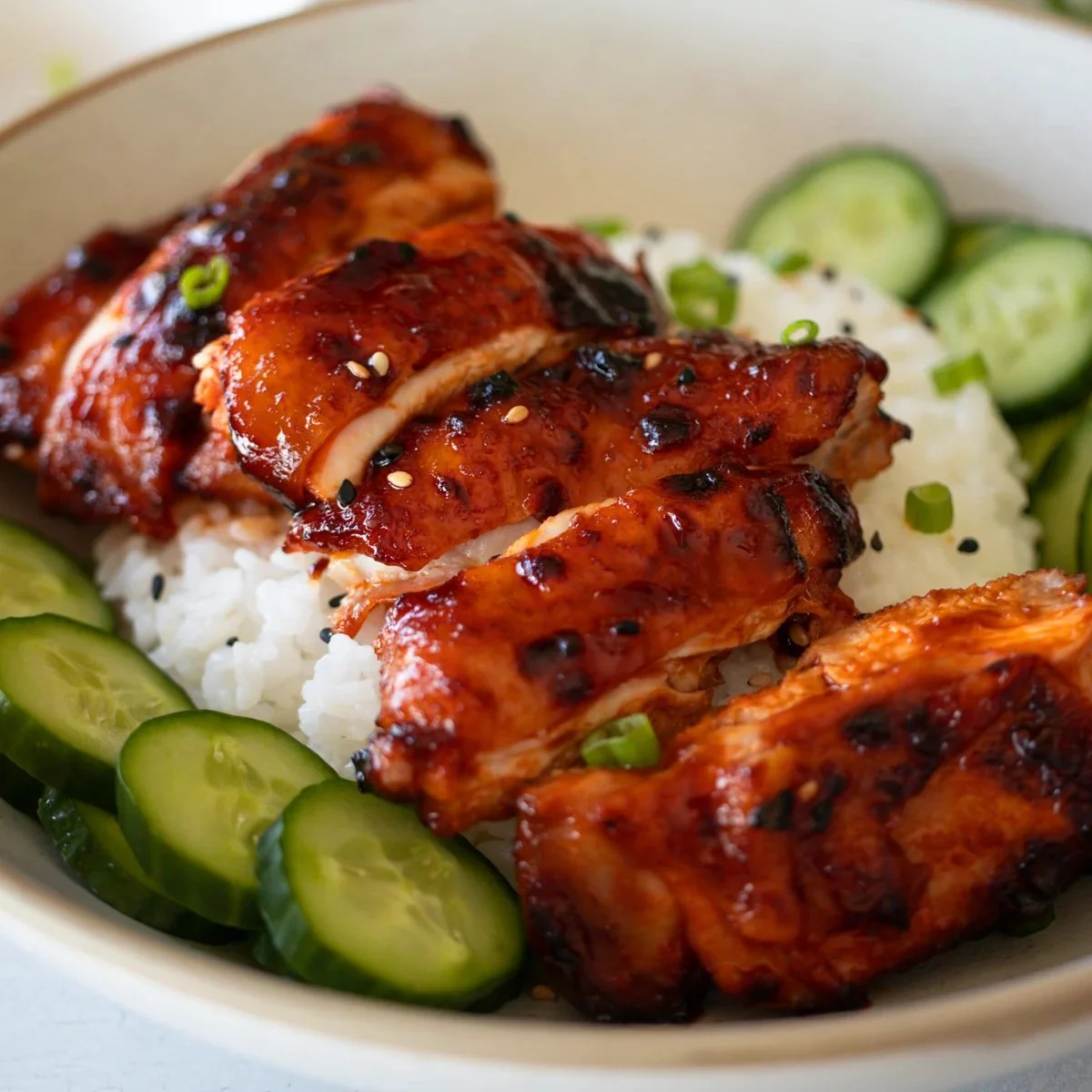 Sticky Honey Gochujang Chicken with colorful veggies and glaze on a plate