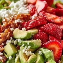 Colorful Strawberry Crunch Salad with fresh strawberries, crunchy toppings, and vibrant greens