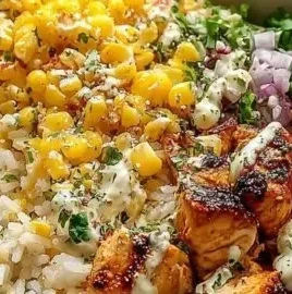 Delicious Street Corn Chicken Rice Bowl topped with fresh ingredients