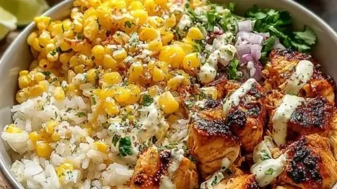 Delicious Street Corn Chicken Rice Bowl topped with fresh ingredients