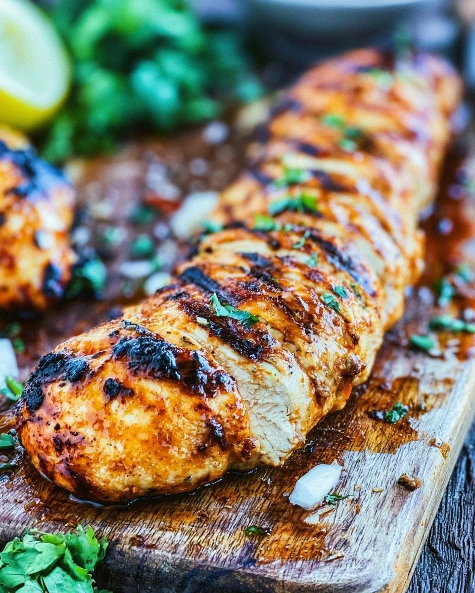 Marinated BBQ chicken ready for the grill, showcasing vibrant spices and herbs.
