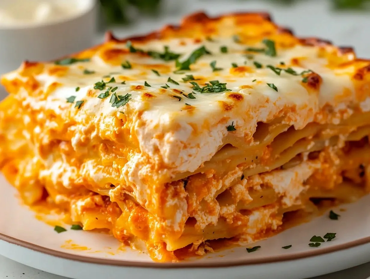 Cheesy Buffalo Ranch Chicken Lasagna topped with melted cheese and herbs
