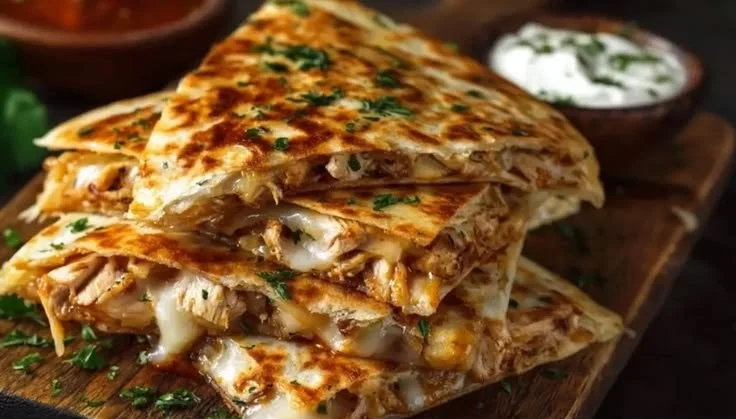 Cheesy hot honey chicken quesadillas served on a plate