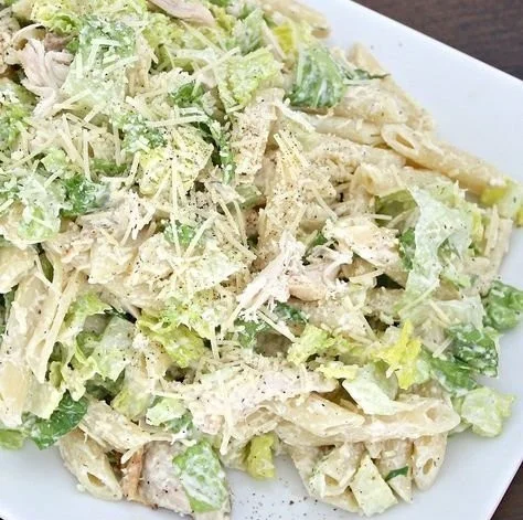 Delicious Chicken Caesar Pasta Salad with grilled chicken and Caesar dressing