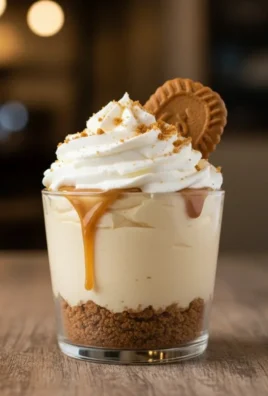 Delicious no-bake cookie butter cheesecake cups topped with whipped cream