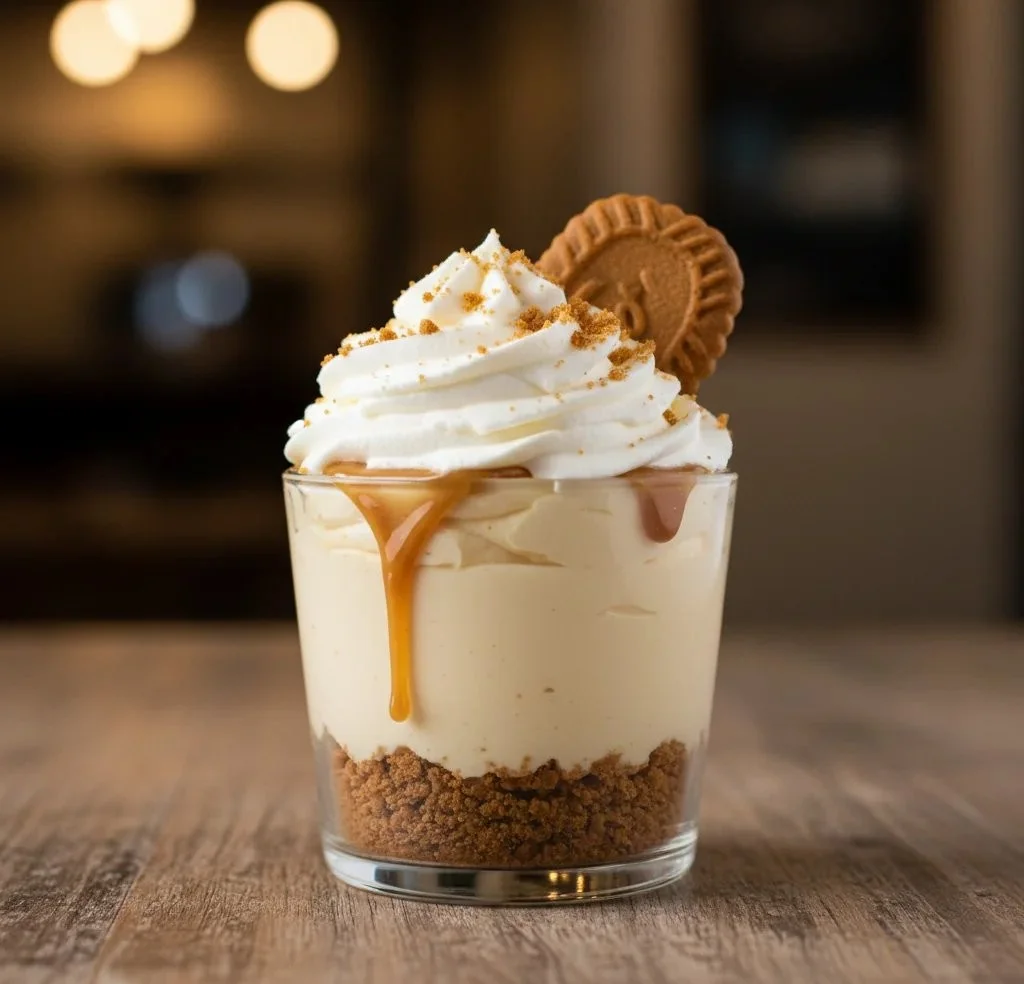 Delicious no-bake cookie butter cheesecake cups topped with whipped cream