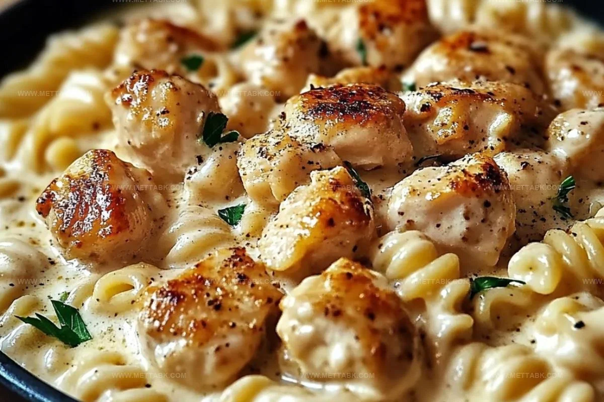 Delicious creamy garlic butter chicken served with rotini in parmesan sauce