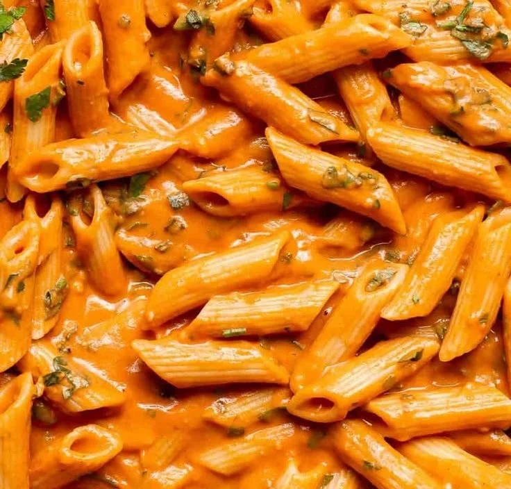 Bowl of creamy tomato pasta garnished with fresh basil and parmesan cheese.