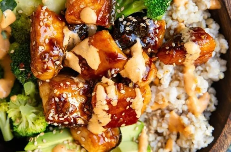 Crispy Bang Bang Salmon Bites served in a bowl