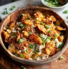 A bowl of crispy smashed potato salad topped with fresh herbs and dressing.