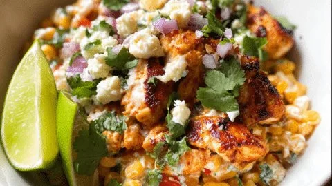 Delicious Mexican Street Corn Chicken Bowl topped with fresh cilantro and lime