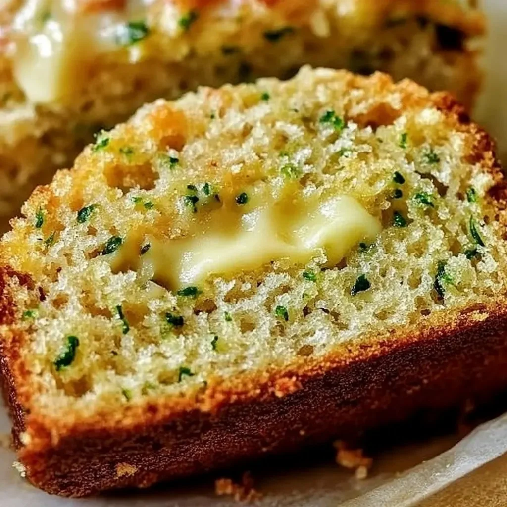 Slices of moist zucchini bread on a cutting board with green zucchini