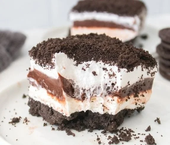 Five Layer Oreo Lasagna Dessert with cookie and cream layers
