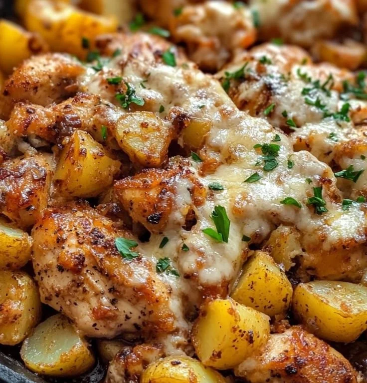 Delicious Garlic Parmesan Chicken served with roasted potatoes