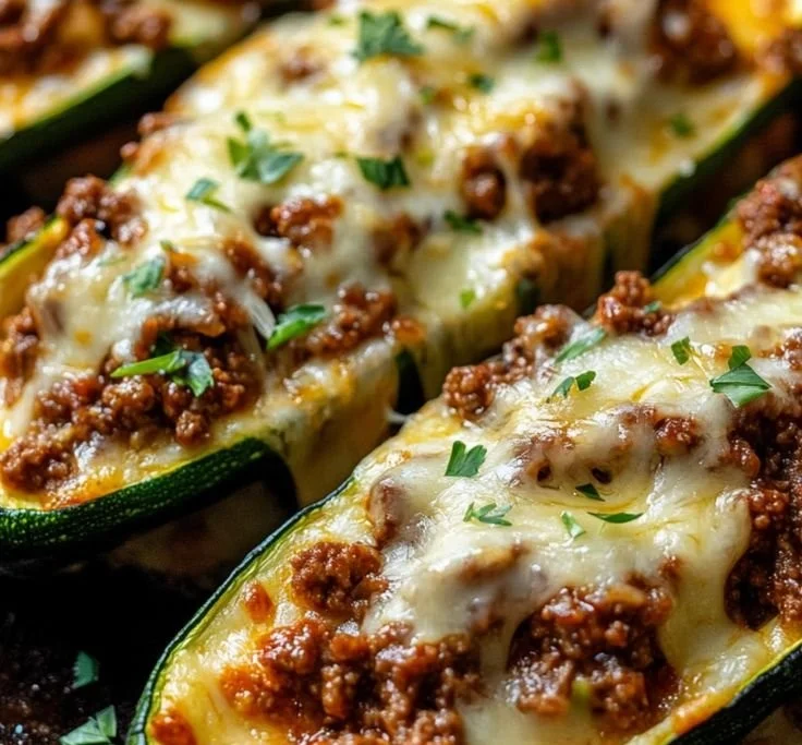 Ground beef zucchini boats filled with savory meat and vegetables