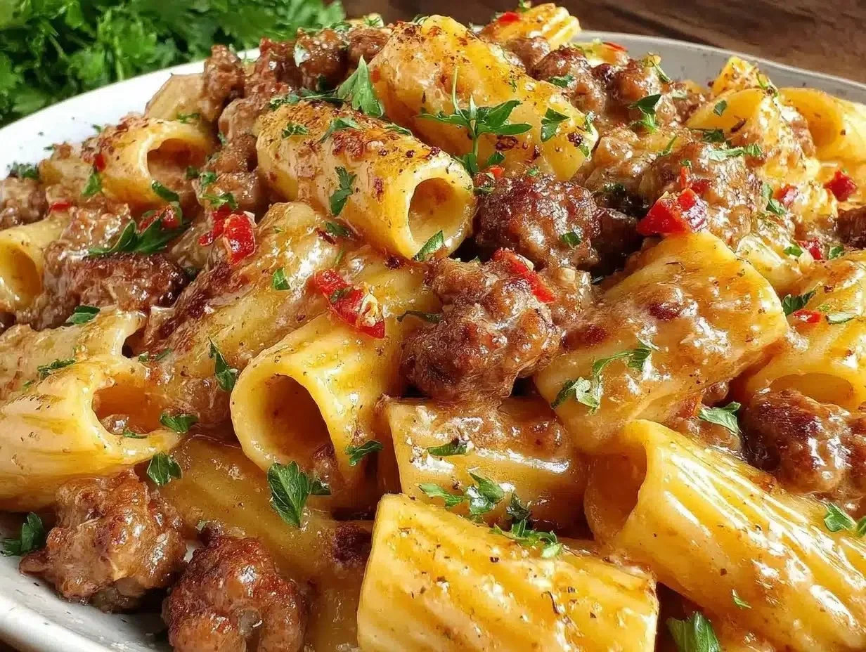 Hearty Italian Sausage Rigatoni Pasta served with parmesan and herbs