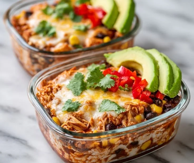 High-protein chicken enchilada bowls topped with cottage cheese and garnished.