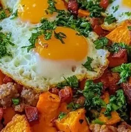 High-protein sweet potato breakfast hash served in a bowl with vegetables