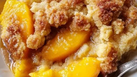Delicious homemade peach cobbler with fresh peaches and golden crust