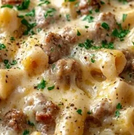 Creamy Italian sausage rigatoni served in a bowl, garnished with parsley and cheese.